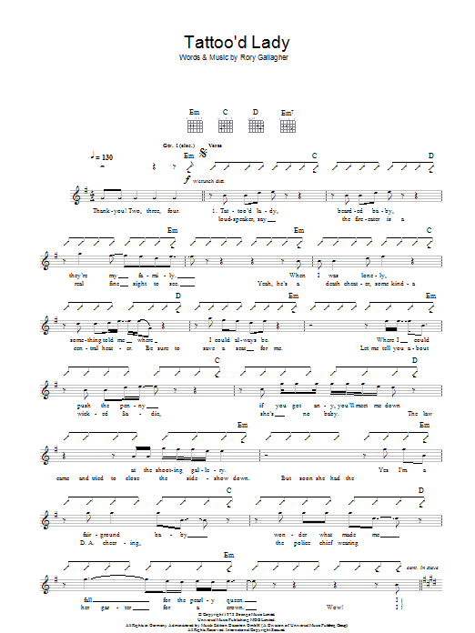 Rory Gallagher Tattoo'd Lady sheet music notes and chords. Download Printable PDF.