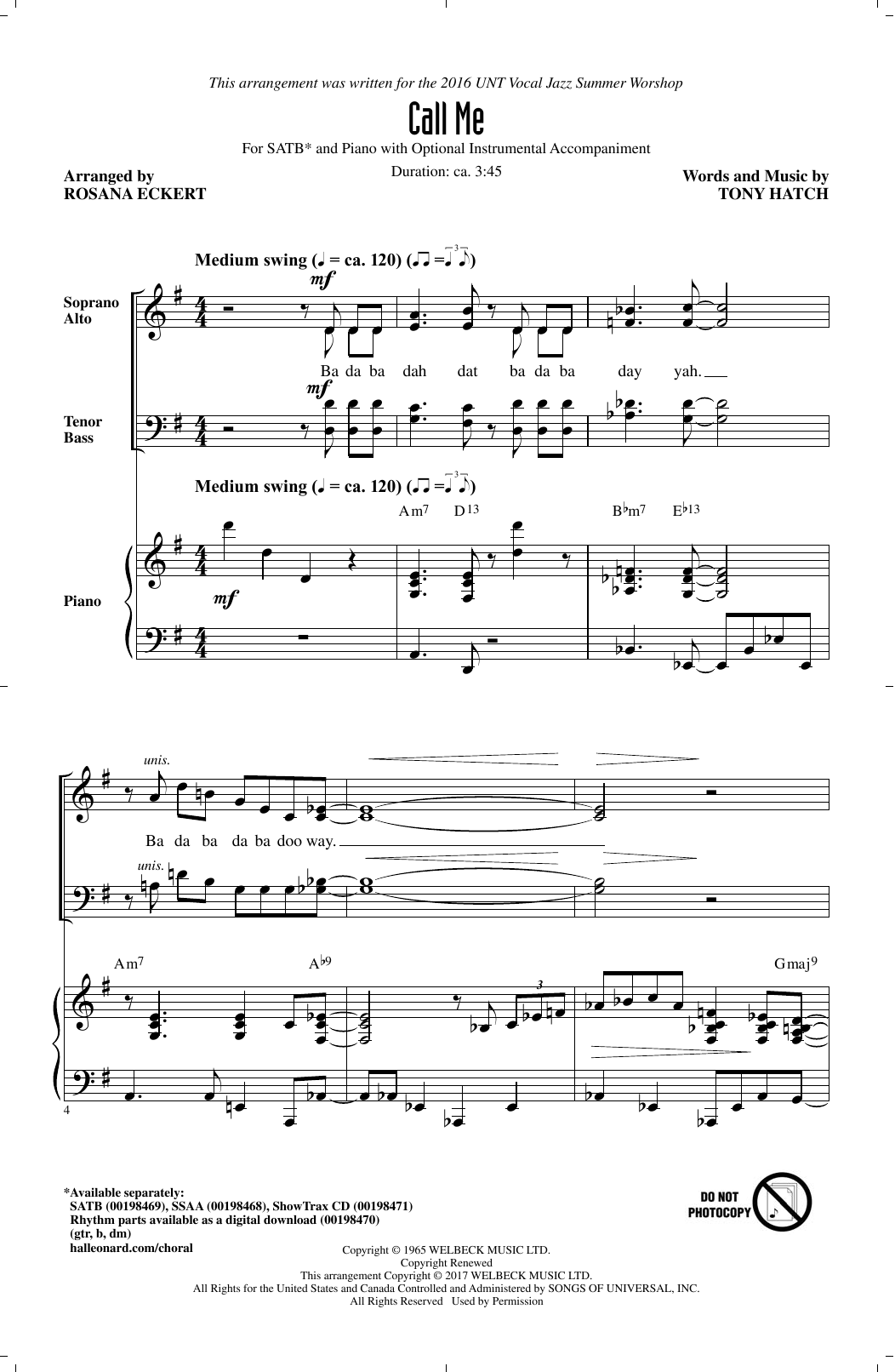 Tony Hatch Call Me (arr. Rosana Eckert) sheet music notes and chords. Download Printable PDF.