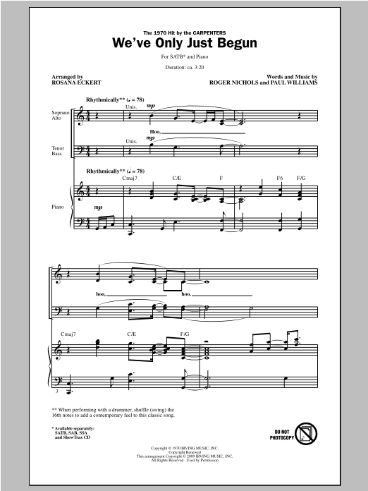 Carpenters We've Only Just Begun (arr. Rosana Eckert) sheet music notes and chords. Download Printable PDF.