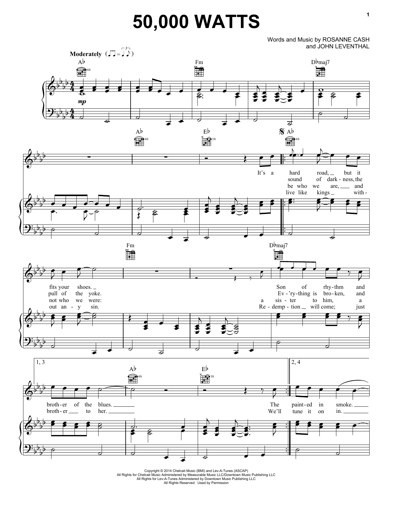 Learn to play Rosanne Cash 50,000 Watts sheet music for Piano, Vocal & Guitar Chords (Right-Hand Melody) in minutes. Price: 7.8900$ Rosanne Cash 50,000 Watts sheet music notes and chords arranged for Piano, Vocal & Guitar Chords (Right-Hand Melody)
