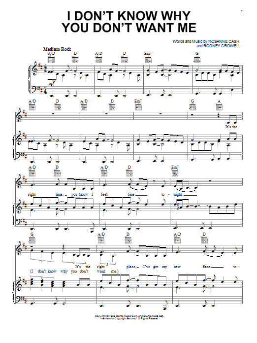 Learn to play Rosanne Cash I Don't Know Why You Don't Want Me sheet music for Piano, Vocal & Guitar Chords (Right-Hand Melody) in minutes. Price: 7.8900$ Rosanne Cash I Don't Know Why You Don't Want Me sheet music notes and chords arranged for Piano, Vocal & Guitar Chords (Right-Hand Melody)