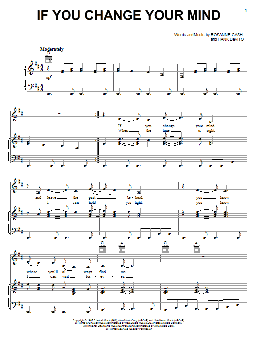 Learn to play Rosanne Cash If You Change Your Mind sheet music for Piano, Vocal & Guitar Chords (Right-Hand Melody) in minutes. Price: 7.8900$ Rosanne Cash If You Change Your Mind sheet music notes and chords arranged for Piano, Vocal & Guitar Chords (Right-Hand Melody)