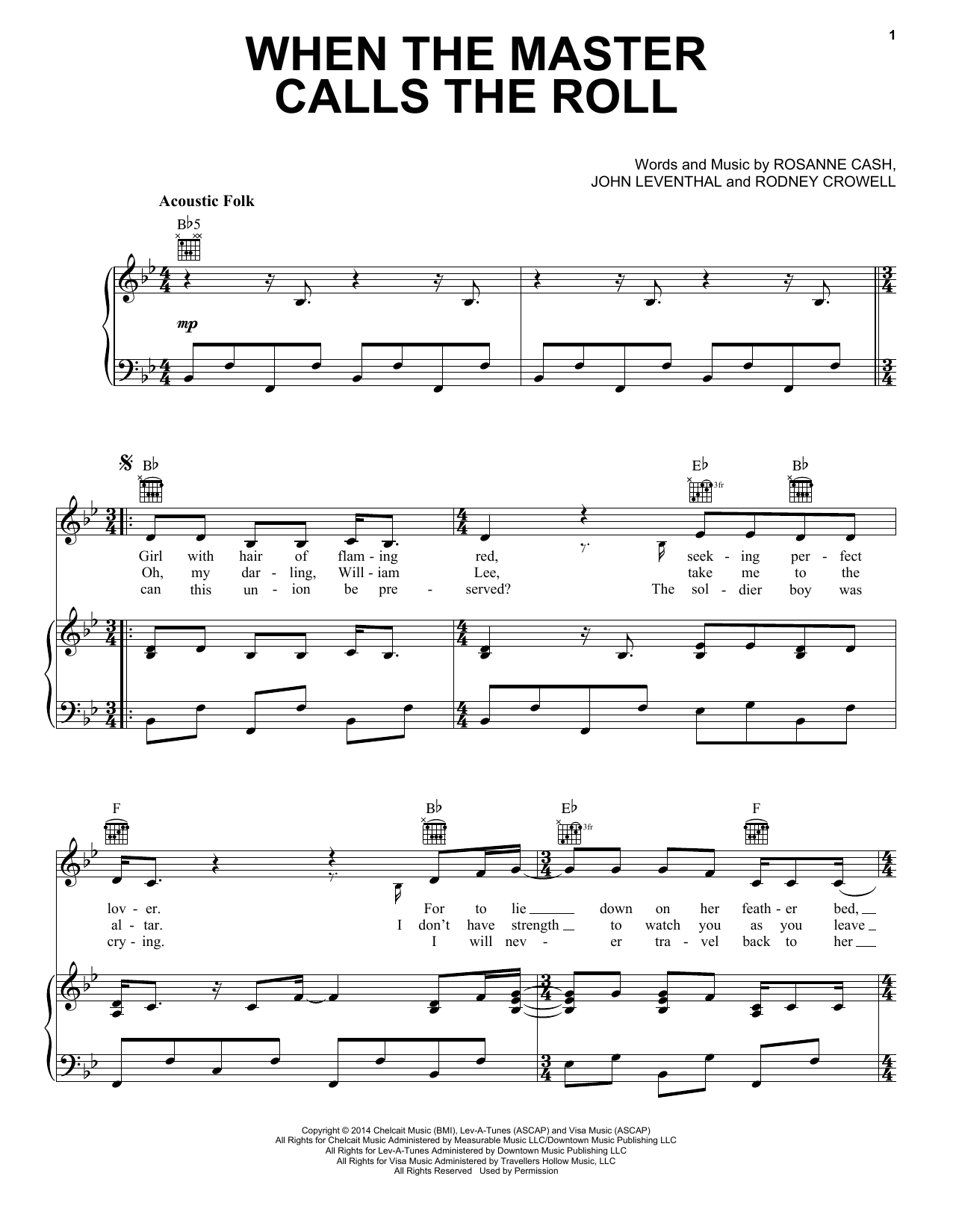 Learn to play Rosanne Cash When The Master Calls The Roll sheet music for Piano, Vocal & Guitar Chords (Right-Hand Melody) in minutes. Price: 7.8900$ Rosanne Cash When The Master Calls The Roll sheet music notes and chords arranged for Piano, Vocal & Guitar Chords (Right-Hand Melody)