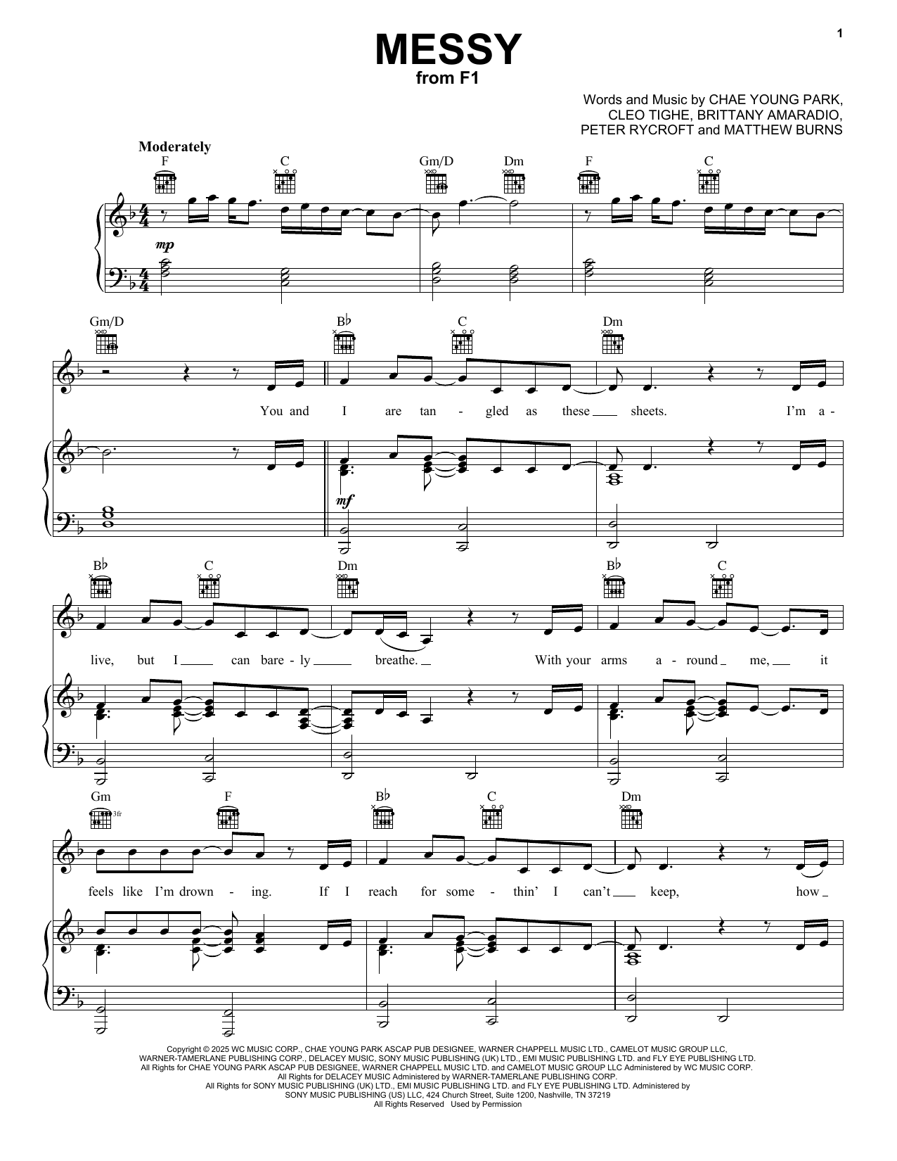Rosé Messy (from F1: The Movie) sheet music notes and chords arranged for Piano, Vocal & Guitar Chords (Right-Hand Melody)