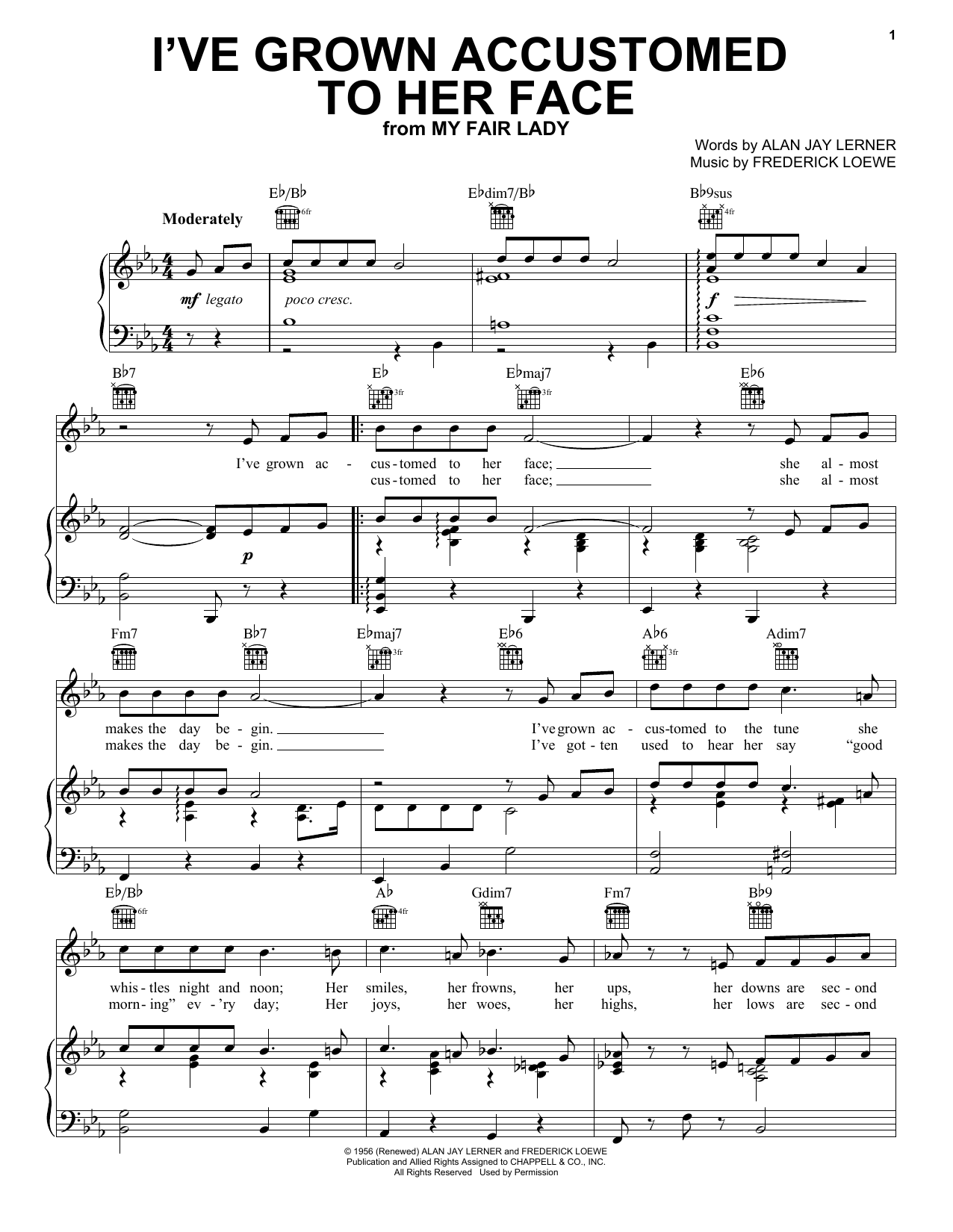 Learn to play Rosemary Clooney I've Grown Accustomed To Her Face sheet music for Piano, Vocal & Guitar Chords (Right-Hand Melody) in minutes. Price: 7.8900$ Rosemary Clooney I've Grown Accustomed To Her Face sheet music notes and chords arranged for Piano, Vocal & Guitar Chords (Right-Hand Melody)