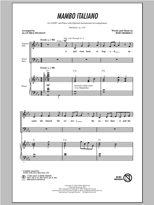 Bob Merrill Mambo Italiano (arr. Alan Billingsley) sheet music notes and chords arranged for SATB Choir