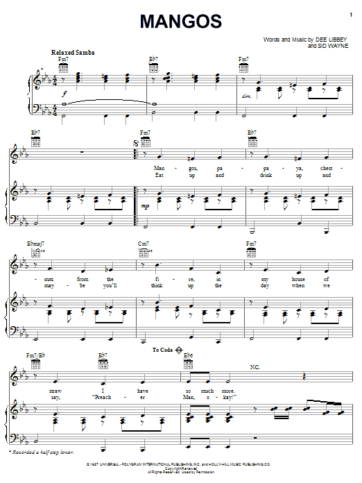 Learn to play Rosemary Clooney Mangos sheet music for Piano, Vocal & Guitar Chords in minutes. Price: 7.8900$ Rosemary Clooney Mangos sheet music notes and chords arranged for Piano, Vocal & Guitar Chords