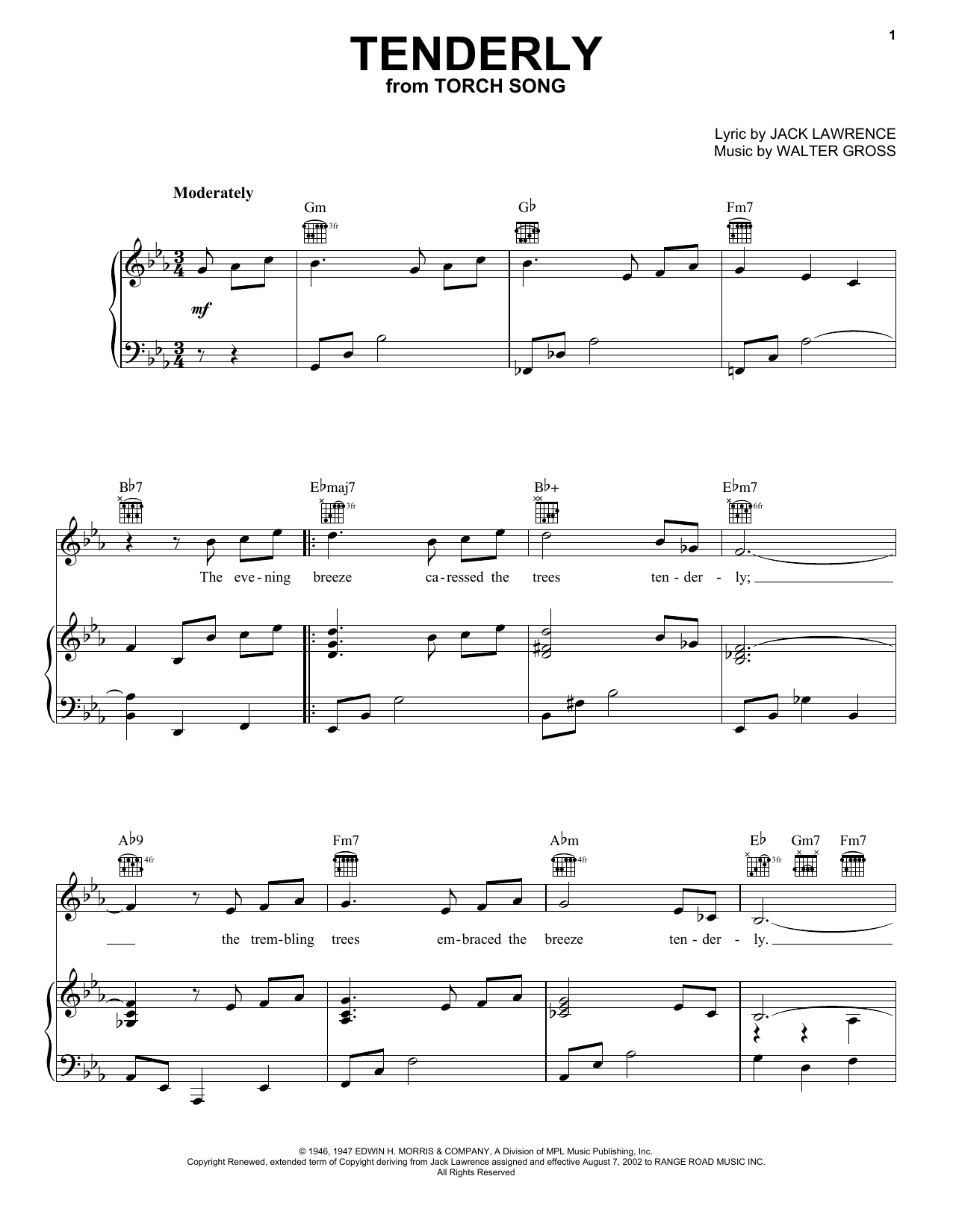 Rosemary Clooney Tenderly sheet music notes and chords. Download Printable PDF.