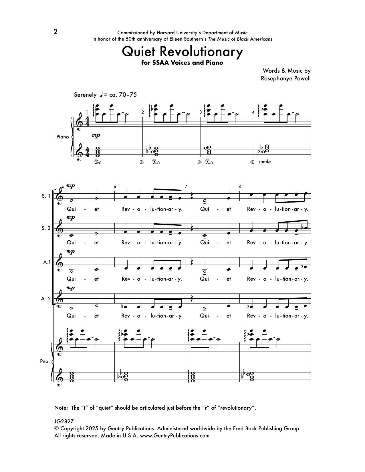 Learn to play Rosephanye Powell Quiet Revolutionary sheet music for SSAA Choir in minutes. Price: 3.9900$ Rosephanye Powell Quiet Revolutionary sheet music notes and chords arranged for SSAA Choir