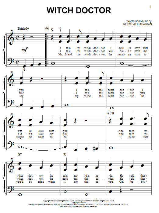 Ross Bagdasarian Witch Doctor sheet music notes and chords. Download Printable PDF.