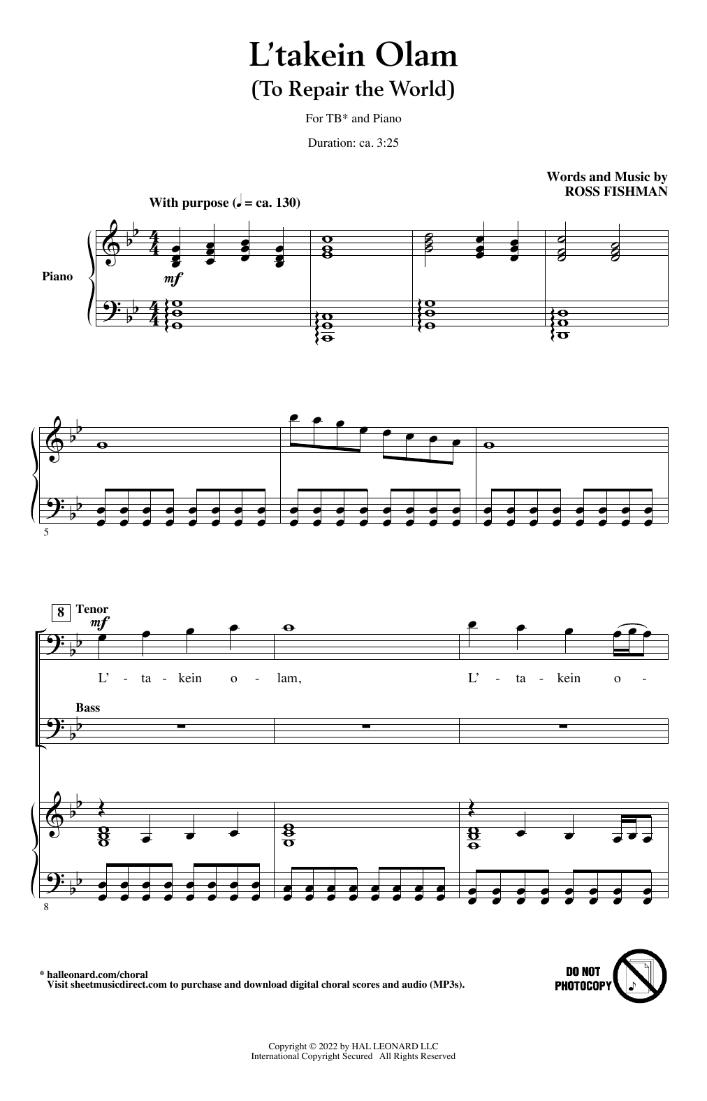 Ross Fishman L'Takein Olam (To Repair The World) sheet music notes and chords. Download Printable PDF.