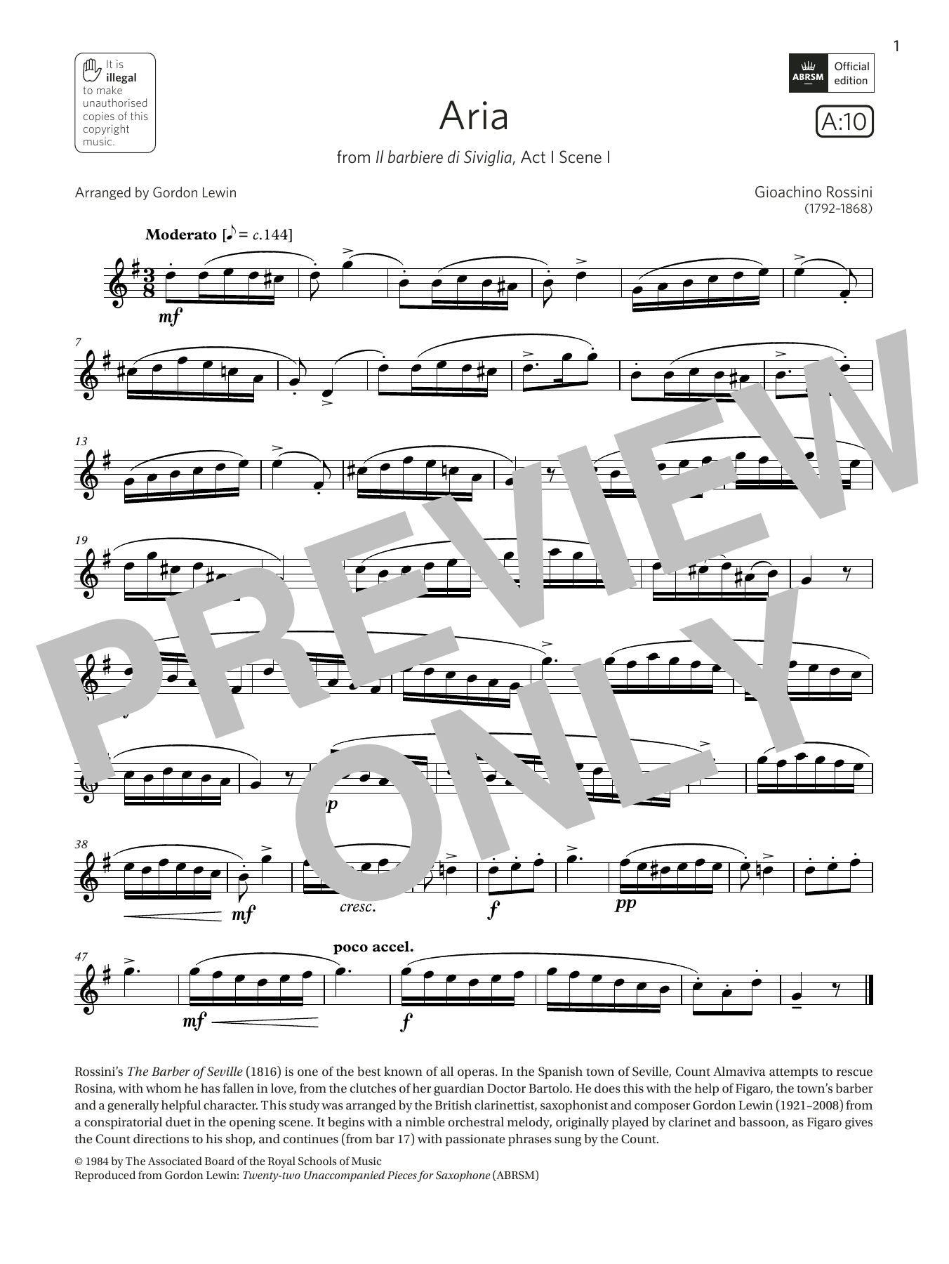 Rossini Aria (from Il barbiere di Siviglia) (Grade 5 List A10 from the ABRSM Saxophone syllabus from 2022) sheet music notes and chords. Download Printable PDF.