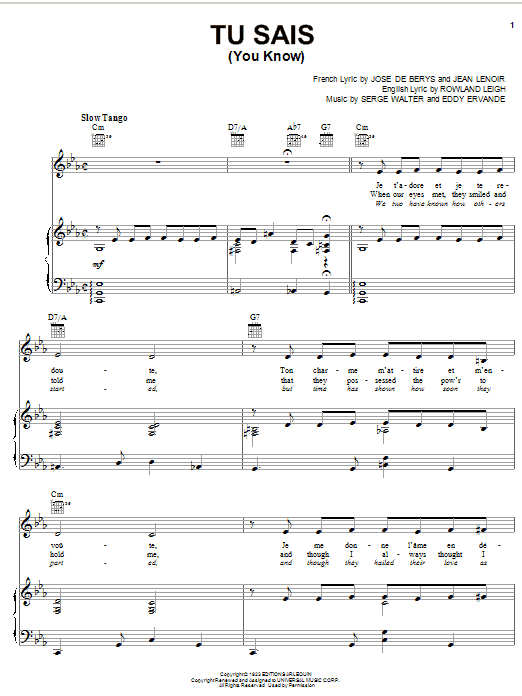 Learn to play Rowland Leigh Tu Sais (You Know) sheet music for Piano, Vocal & Guitar Chords (Right-Hand Melody) in minutes. Price: 7.8900$ Rowland Leigh Tu Sais (You Know) sheet music notes and chords arranged for Piano, Vocal & Guitar Chords (Right-Hand Melody)
