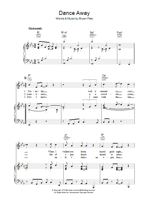 Roxy Music Dance Away sheet music notes and chords. Download Printable PDF.