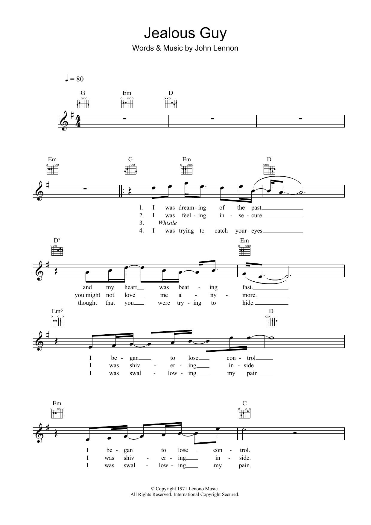 Roxy Music Jealous Guy sheet music notes and chords. Download Printable PDF.