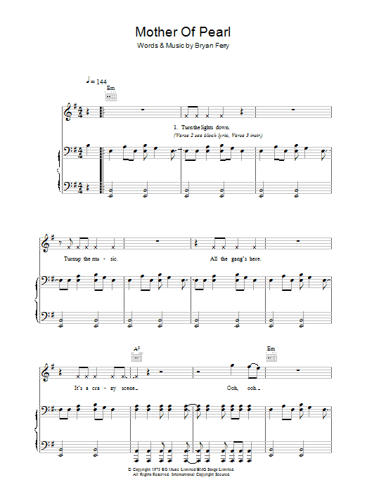 Learn to play Roxy Music Mother Of Pearl sheet music for Piano, Vocal & Guitar Chords in minutes. Price: 7.8900$ Roxy Music Mother Of Pearl sheet music notes and chords arranged for Piano, Vocal & Guitar Chords