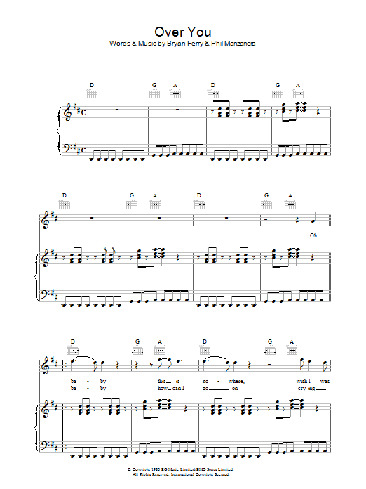Learn to play Roxy Music Over You sheet music for Piano, Vocal & Guitar Chords in minutes. Price: 7.8900$ Roxy Music Over You sheet music notes and chords arranged for Piano, Vocal & Guitar Chords