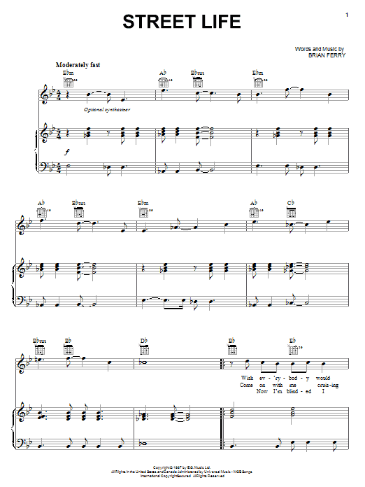 Learn to play Roxy Music Street Life sheet music for Piano, Vocal & Guitar Chords (Right-Hand Melody) in minutes. Price: 7.8900$ Roxy Music Street Life sheet music notes and chords arranged for Piano, Vocal & Guitar Chords (Right-Hand Melody)