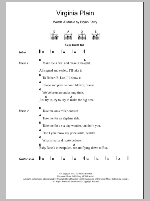 Roxy Music Virginia Plain sheet music notes and chords arranged for Piano, Vocal & Guitar Chords