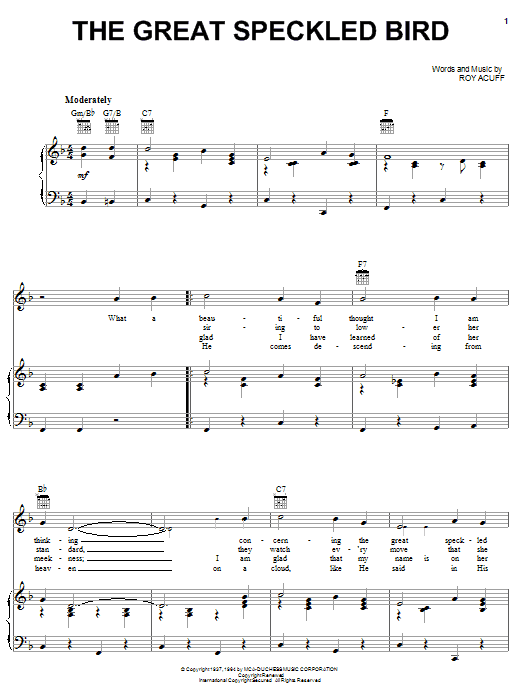 Roy Acuff The Great Speckled Bird sheet music notes and chords. Download Printable PDF.