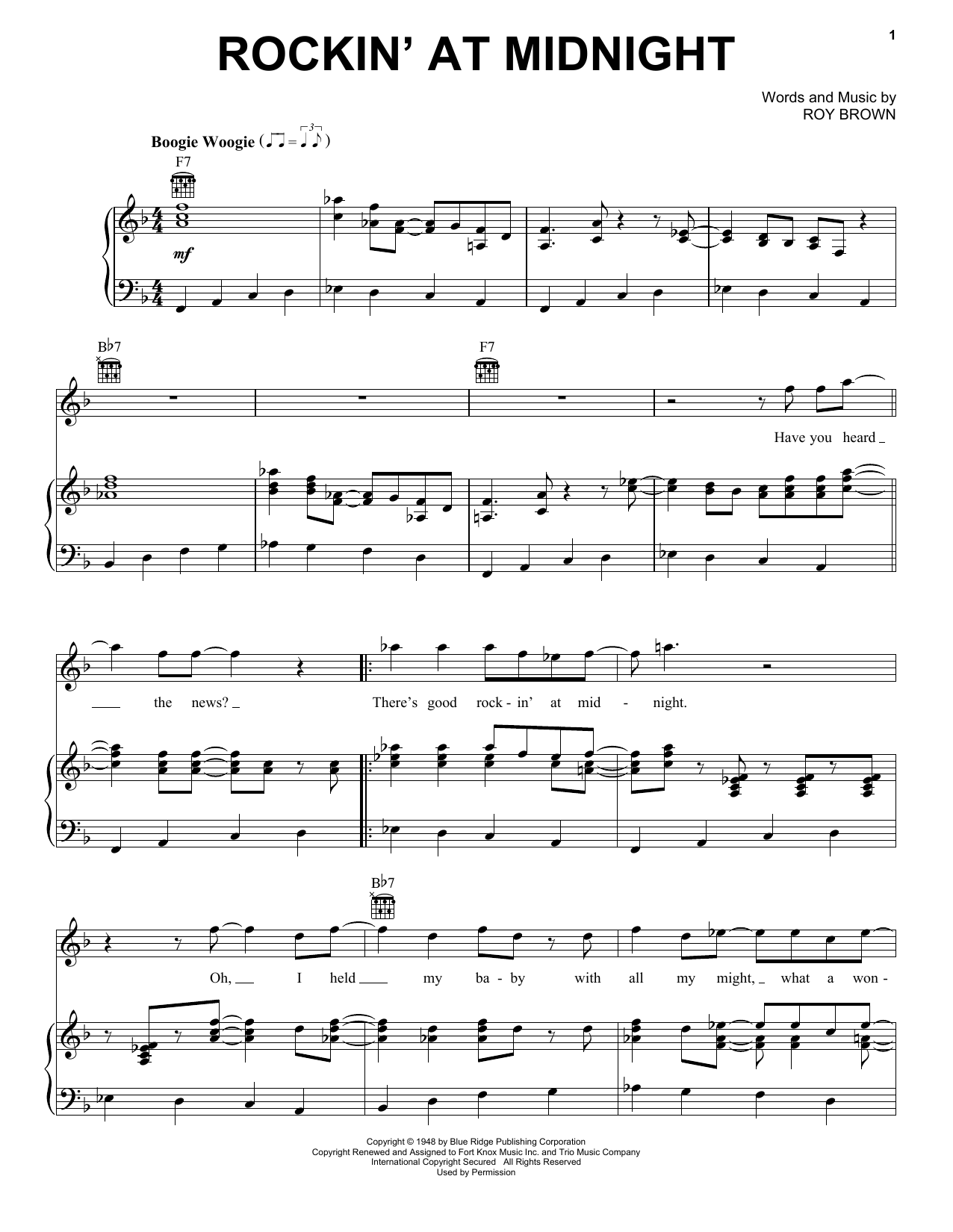 Learn to play Roy Brown Rockin' At Midnight sheet music for Piano, Vocal & Guitar Chords (Right-Hand Melody) in minutes. Price: 7.8900$ Roy Brown Rockin' At Midnight sheet music notes and chords arranged for Piano, Vocal & Guitar Chords (Right-Hand Melody)
