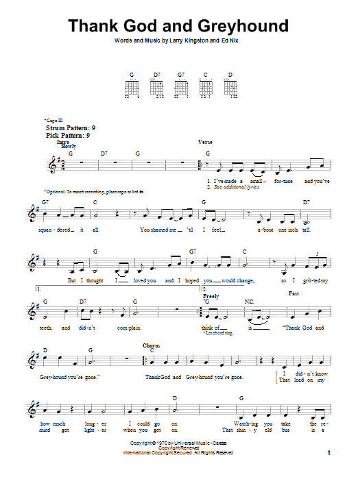 Roy Clark Thank God And Greyhound sheet music notes and chords. Download Printable PDF.