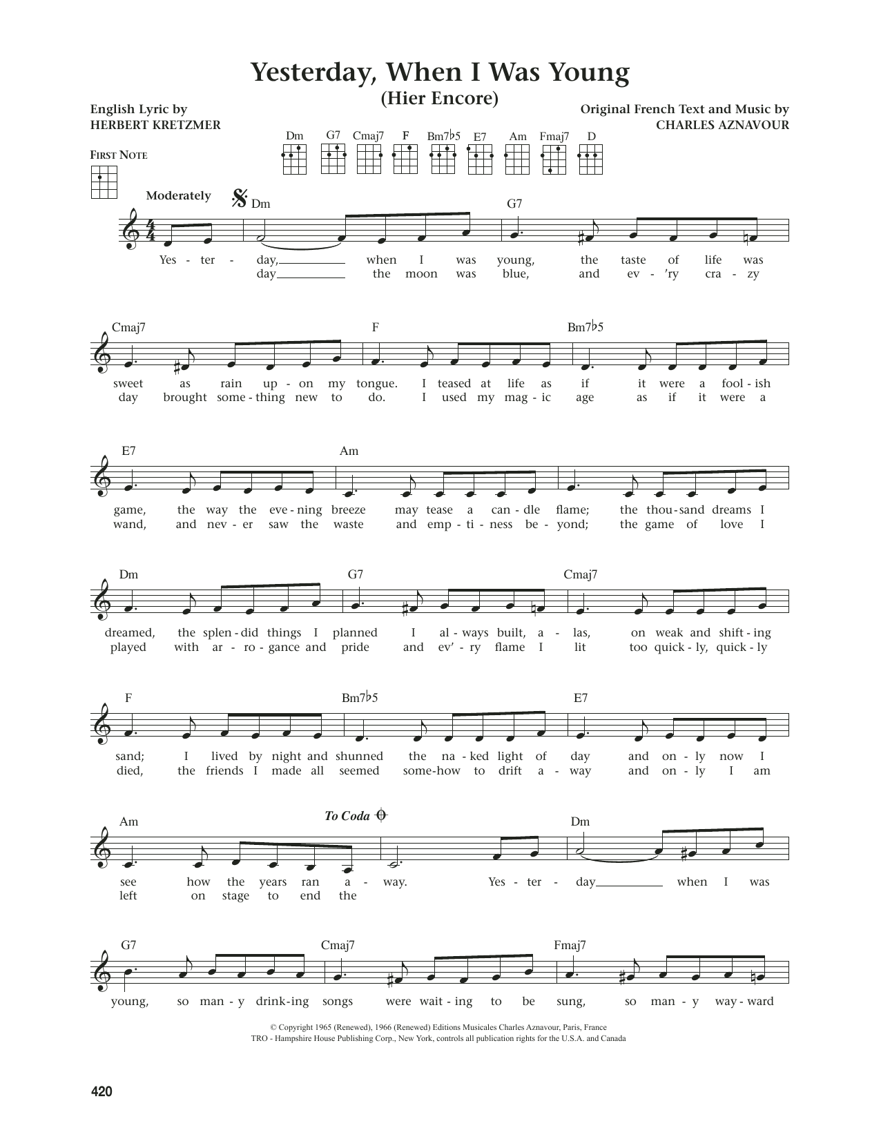 Roy Clark Yesterday, When I Was Young (Hier Encore) (from The Daily Ukulele) (arr. Jim Beloff) sheet music notes and chords. Download Printable PDF.