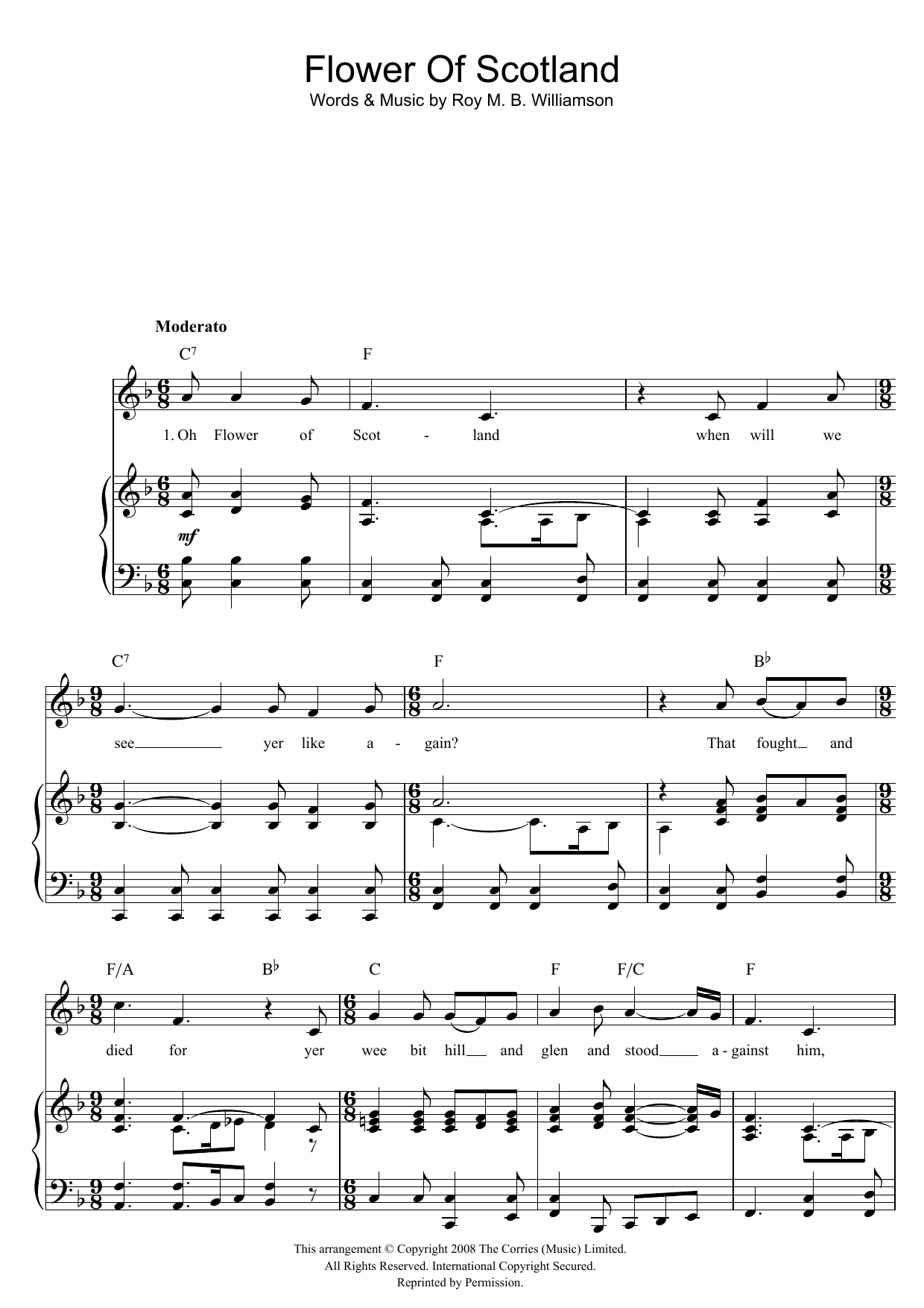 Roy M. B. Williamson Flower Of Scotland (Unofficial Scottish National Anthem) sheet music notes and chords. Download Printable PDF.