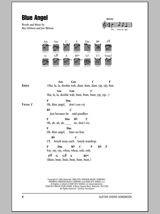 Roy Orbison Blue Angel sheet music notes and chords. Download Printable PDF.