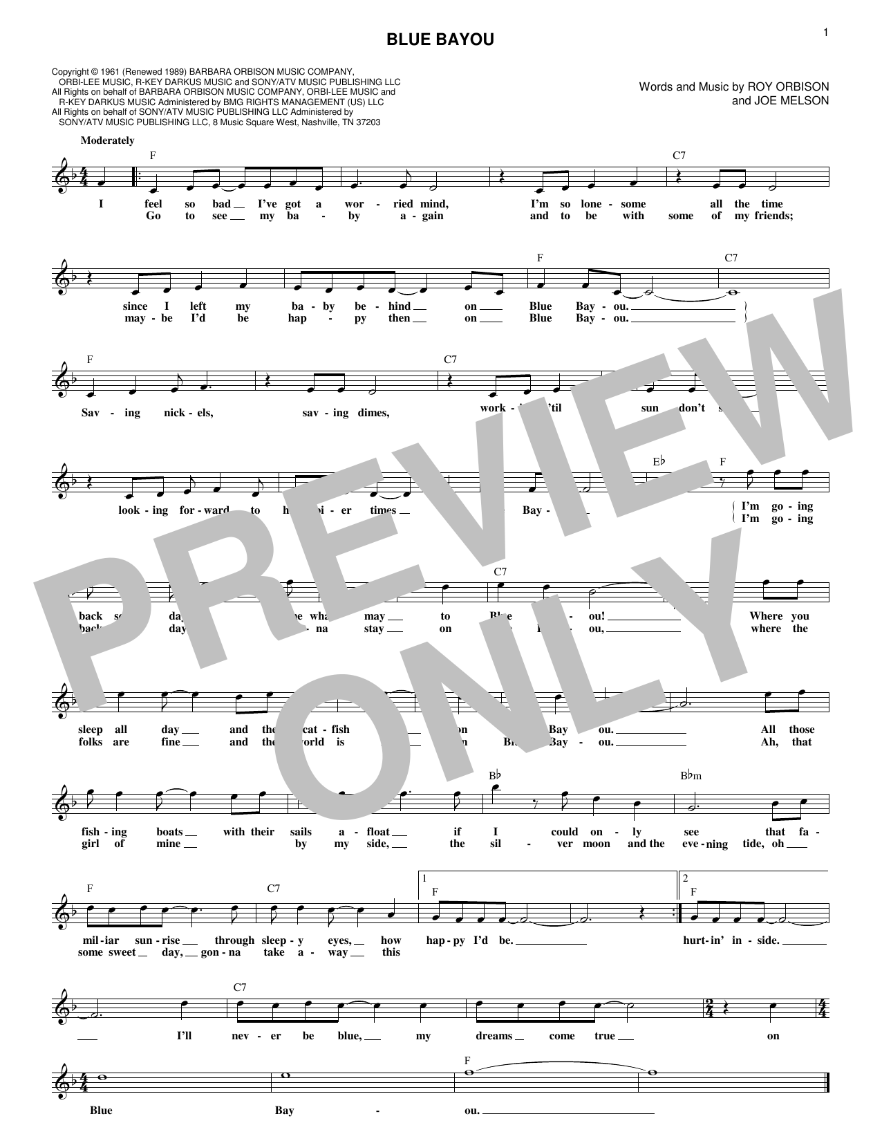 Roy Orbison Blue Bayou sheet music notes and chords. Download Printable PDF.