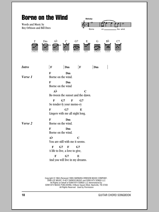 Roy Orbison Borne On The Wind sheet music notes and chords. Download Printable PDF.