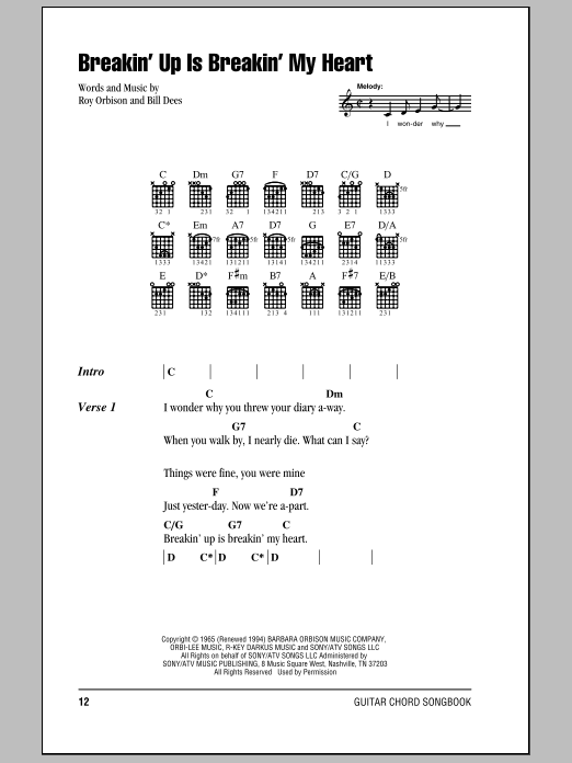 Roy Orbison Breakin' Up Is Breakin' My Heart sheet music notes and chords. Download Printable PDF.