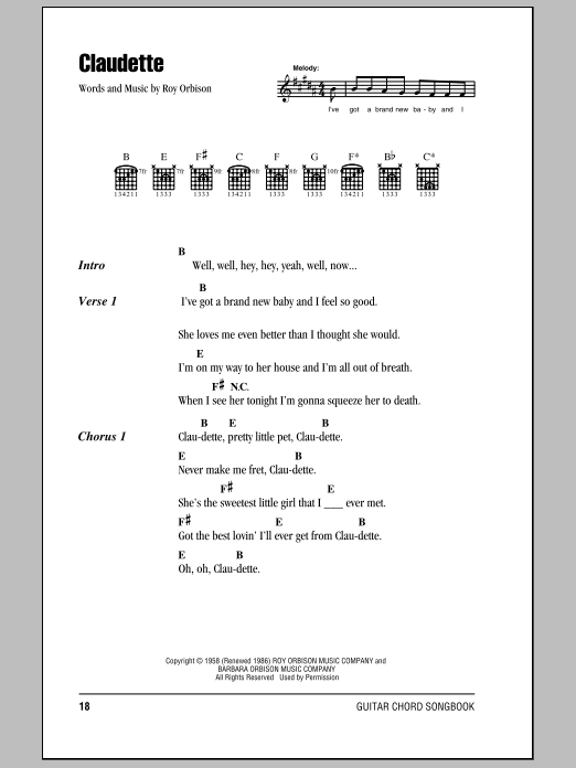 Roy Orbison Claudette sheet music notes and chords. Download Printable PDF.