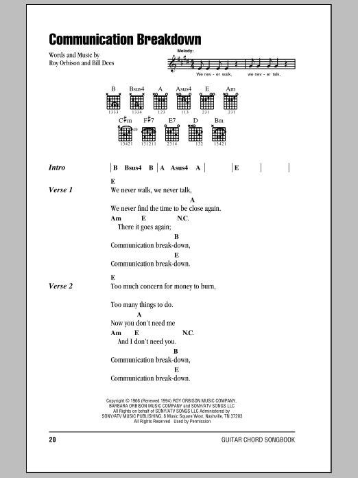 Roy Orbison Communication Breakdown sheet music notes and chords. Download Printable PDF.