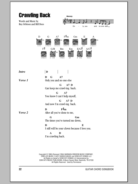 Roy Orbison Crawling Back sheet music notes and chords. Download Printable PDF.