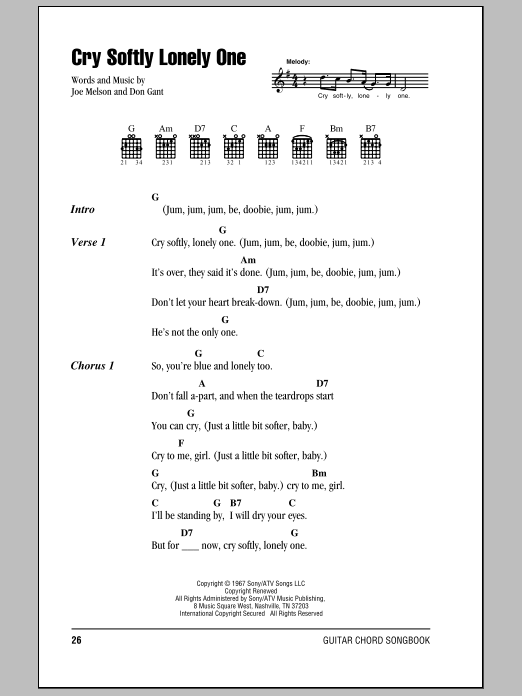 Roy Orbison Cry Softly Lonely One sheet music notes and chords. Download Printable PDF.