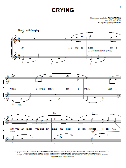 Roy Orbison Crying sheet music notes and chords. Download Printable PDF.