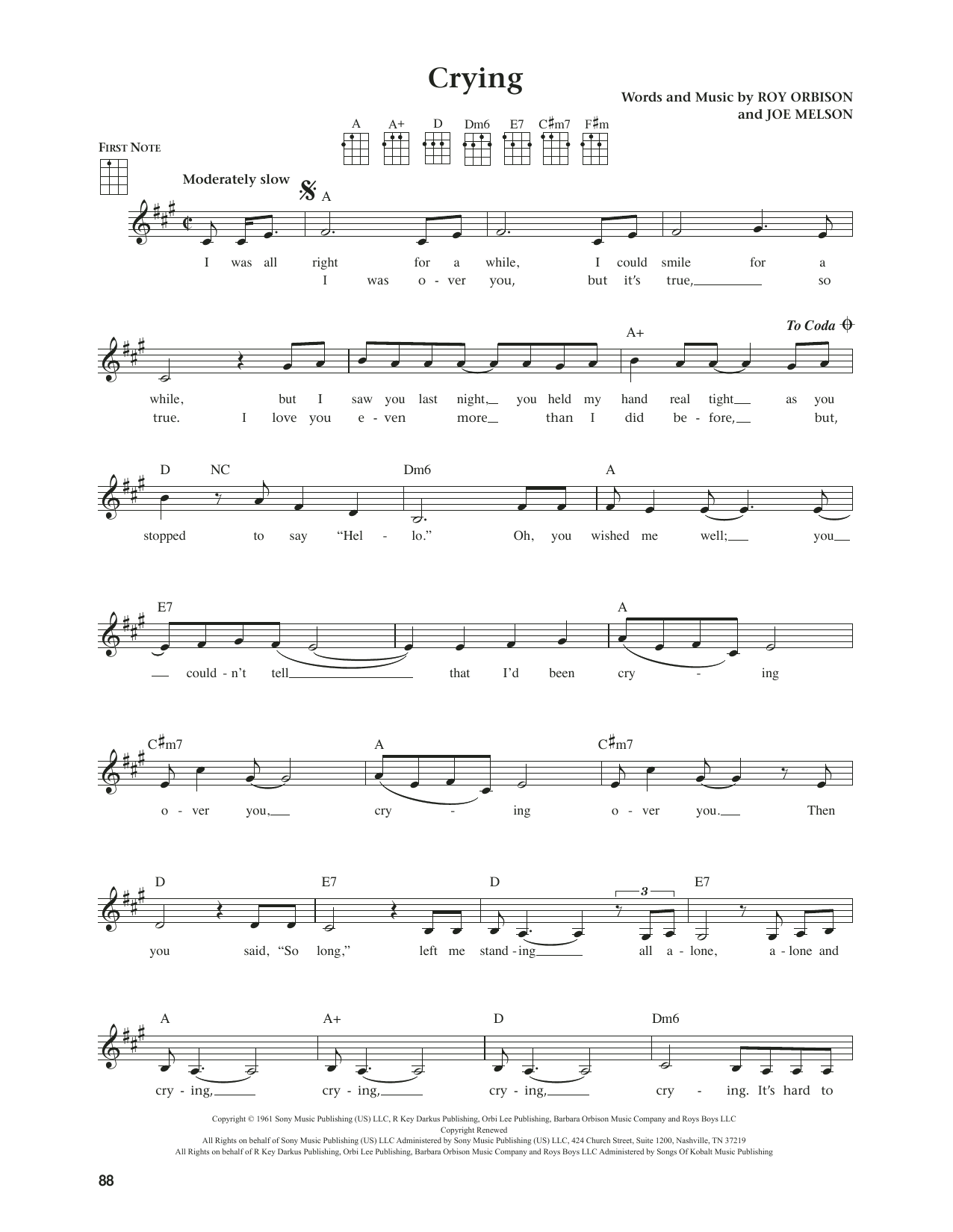 Roy Orbison Crying (from The Daily Ukulele) (arr. Jim Beloff) sheet music notes and chords. Download Printable PDF.