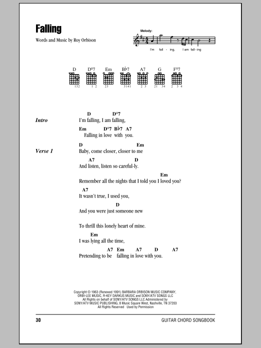 Roy Orbison Falling sheet music notes and chords. Download Printable PDF.