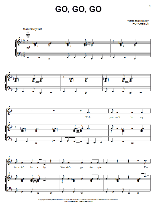 Learn to play Roy Orbison Go, Go, Go sheet music for Piano, Vocal & Guitar Chords (Right-Hand Melody) in minutes. Price: 7.8900$ Roy Orbison Go, Go, Go sheet music notes and chords arranged for Piano, Vocal & Guitar Chords (Right-Hand Melody)