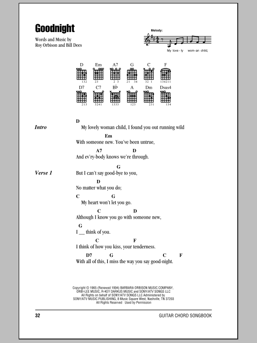 Roy Orbison Goodnight sheet music notes and chords. Download Printable PDF.