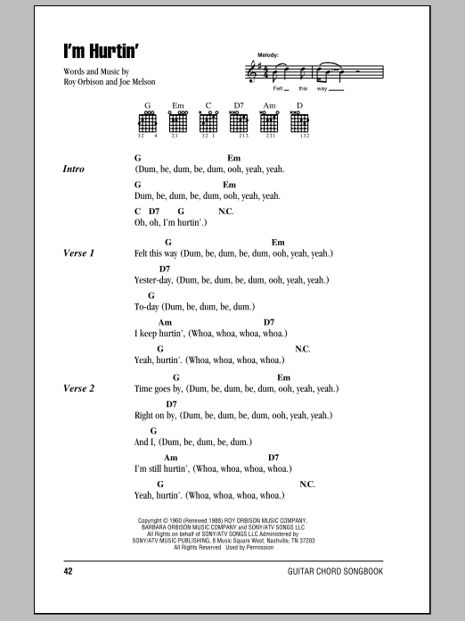 Roy Orbison I'm Hurtin' sheet music notes and chords. Download Printable PDF.