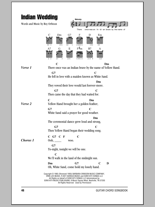 Roy Orbison Indian Wedding sheet music notes and chords. Download Printable PDF.