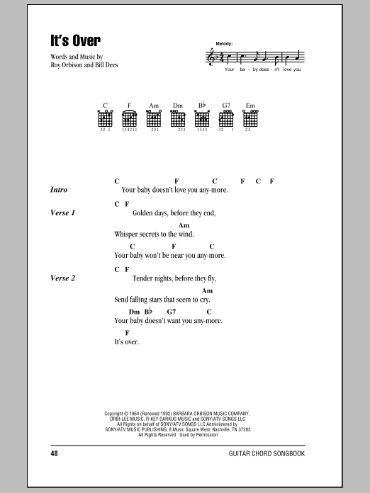 Roy Orbison It's Over sheet music notes and chords. Download Printable PDF.