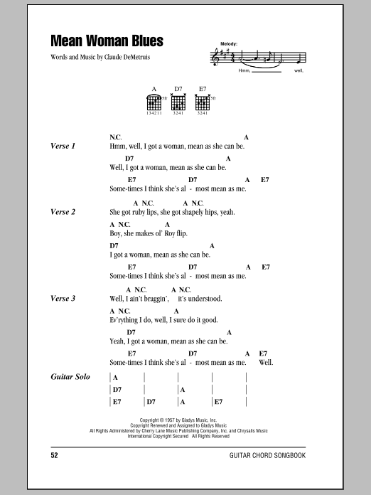 Learn to play Roy Orbison Mean Woman Blues sheet music for Guitar Tab in minutes. Price: 7.8900$ Roy Orbison Mean Woman Blues sheet music notes and chords arranged for Guitar Tab