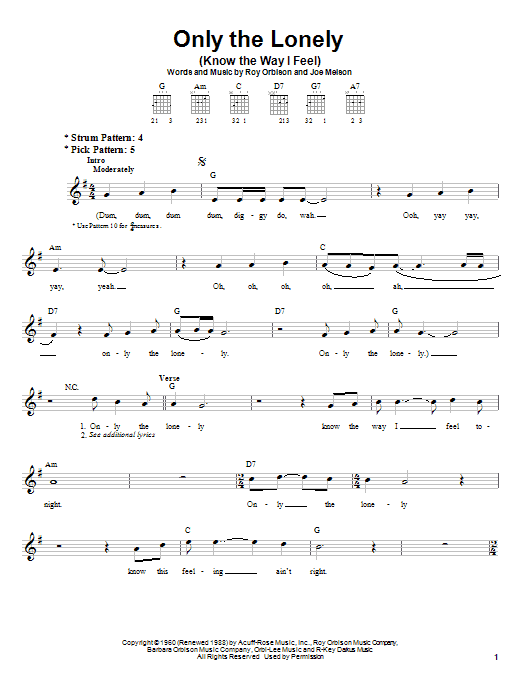 Roy Orbison Only The Lonely (Know The Way I Feel) sheet music notes and chords. Download Printable PDF.