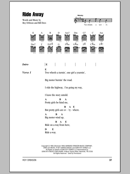 Roy Orbison Ride Away sheet music notes and chords. Download Printable PDF.