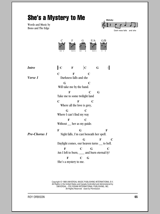 Roy Orbison She's A Mystery To Me sheet music notes and chords. Download Printable PDF.