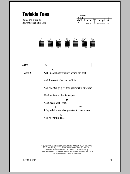 Learn to play Roy Orbison Twinkle Toes sheet music for Guitar Chords/Lyrics in minutes. Price: 4.4900$ Roy Orbison Twinkle Toes sheet music notes and chords arranged for Guitar Chords/Lyrics