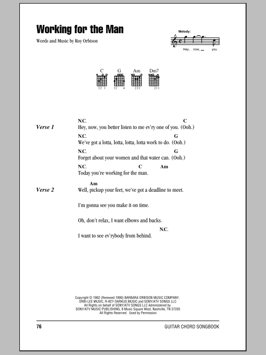 Roy Orbison Working For The Man sheet music notes and chords. Download Printable PDF.